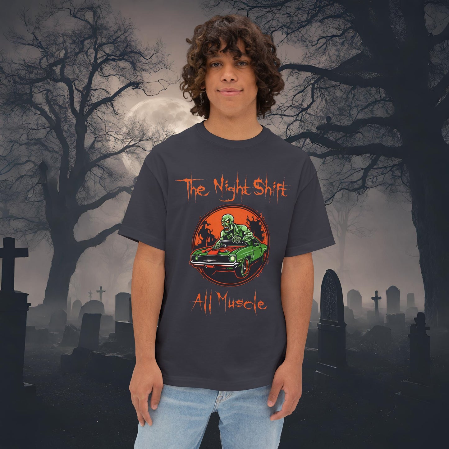 All Muscle Zombie Muscle Car-Premium, Ultra Soft Unisex Oversized Boxy Tee Dark Grey Printify by The Night Shift Automotive Apparel