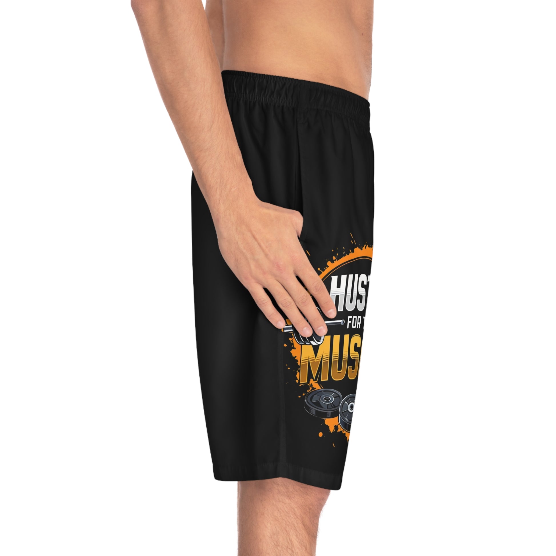 Hustle For The Muscle - Men's Relaxed Fit Board Shorts Printify by The Night Shift Automotive Apparel