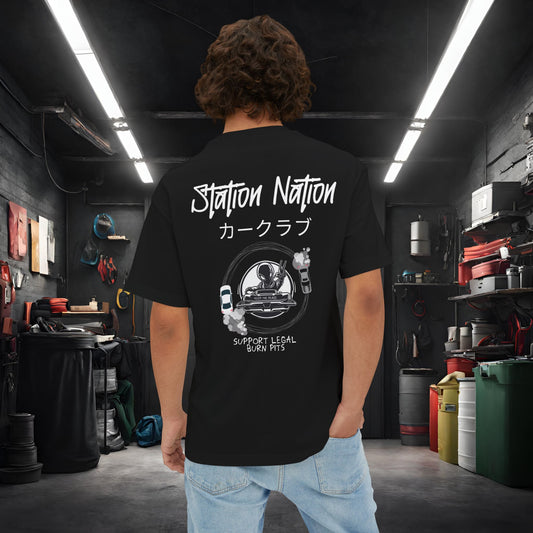 Station Nation-Premium, Ultra Soft Unisex Oversized Boxy Tee Black Printify by The Night Shift Automotive Apparel