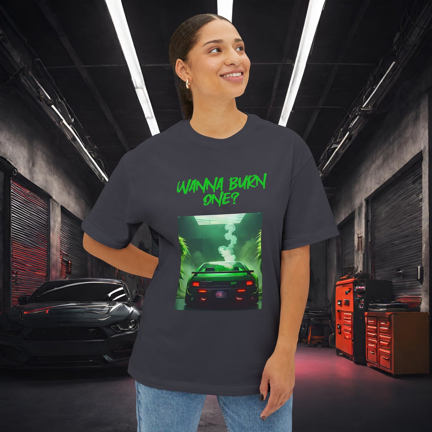 Wanna Burn One-Premium, Ultra Soft Unisex Oversized Boxy Tee Printify by The Night Shift Automotive Apparel