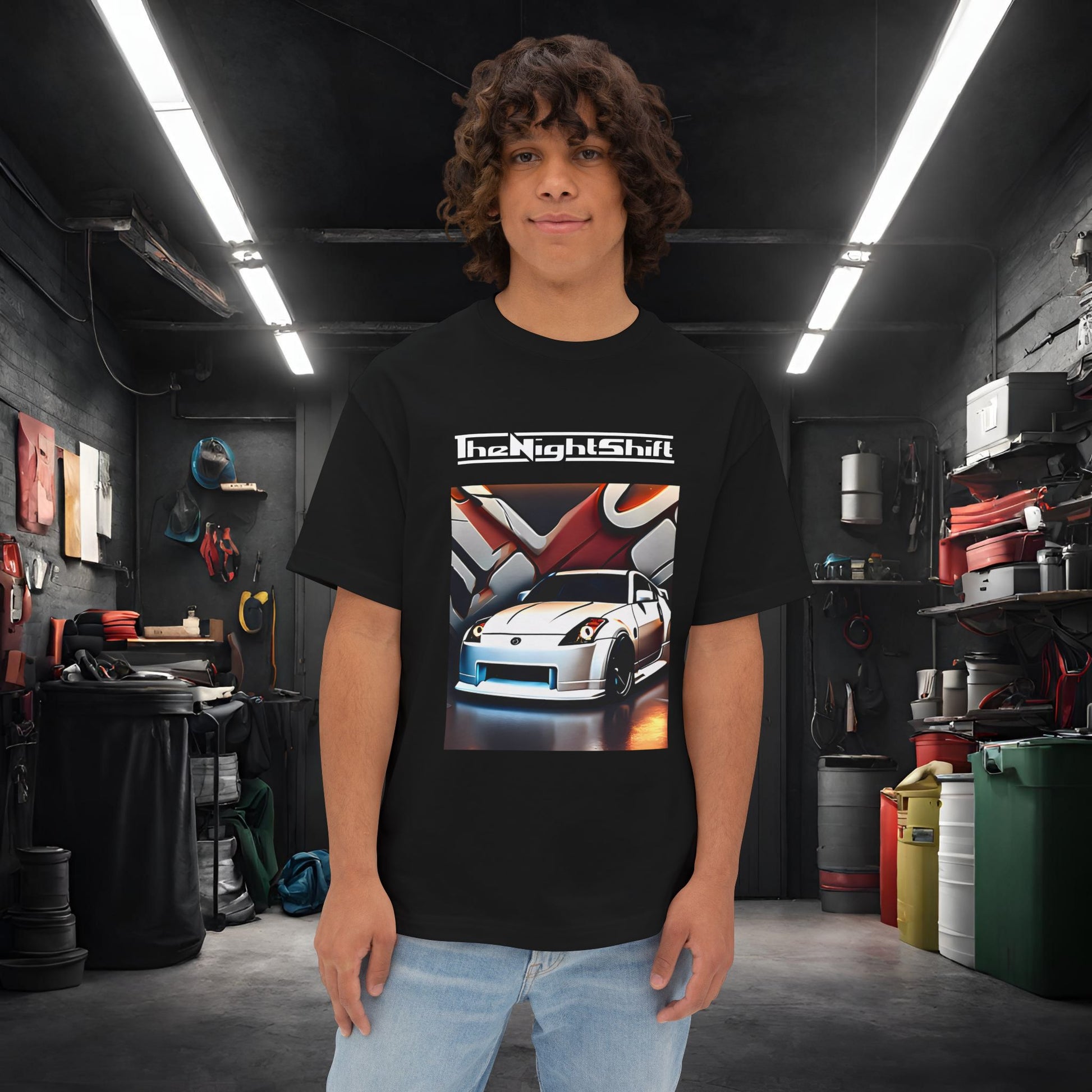 Nissan 350z Graffiti Wall-Premium, Ultra Soft, Unisex Oversized Boxy Tee Black Printify by The Night Shift Automotive Apparel