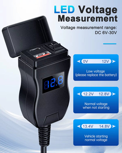 Motorcycle Phone Charger Dual USB Type C With Voltmeter & On/Off Switch