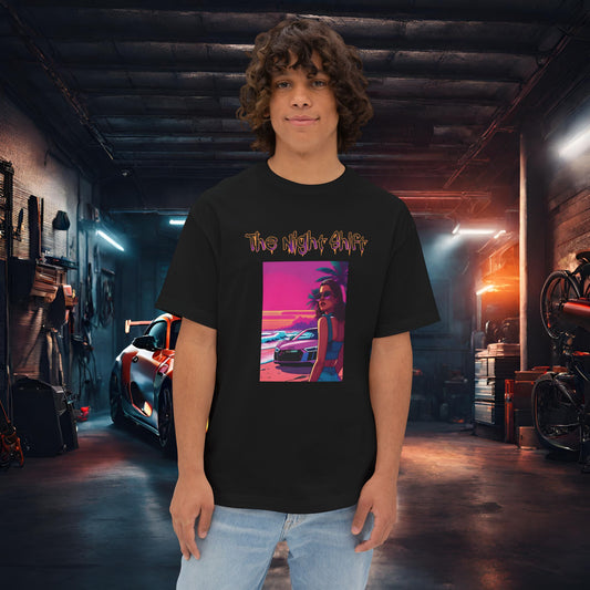 Audi R8 Beach Cruise Synthwave-Premium, Ultra Soft Unisex Oversized Boxy Tee Black Printify by The Night Shift Automotive Apparel