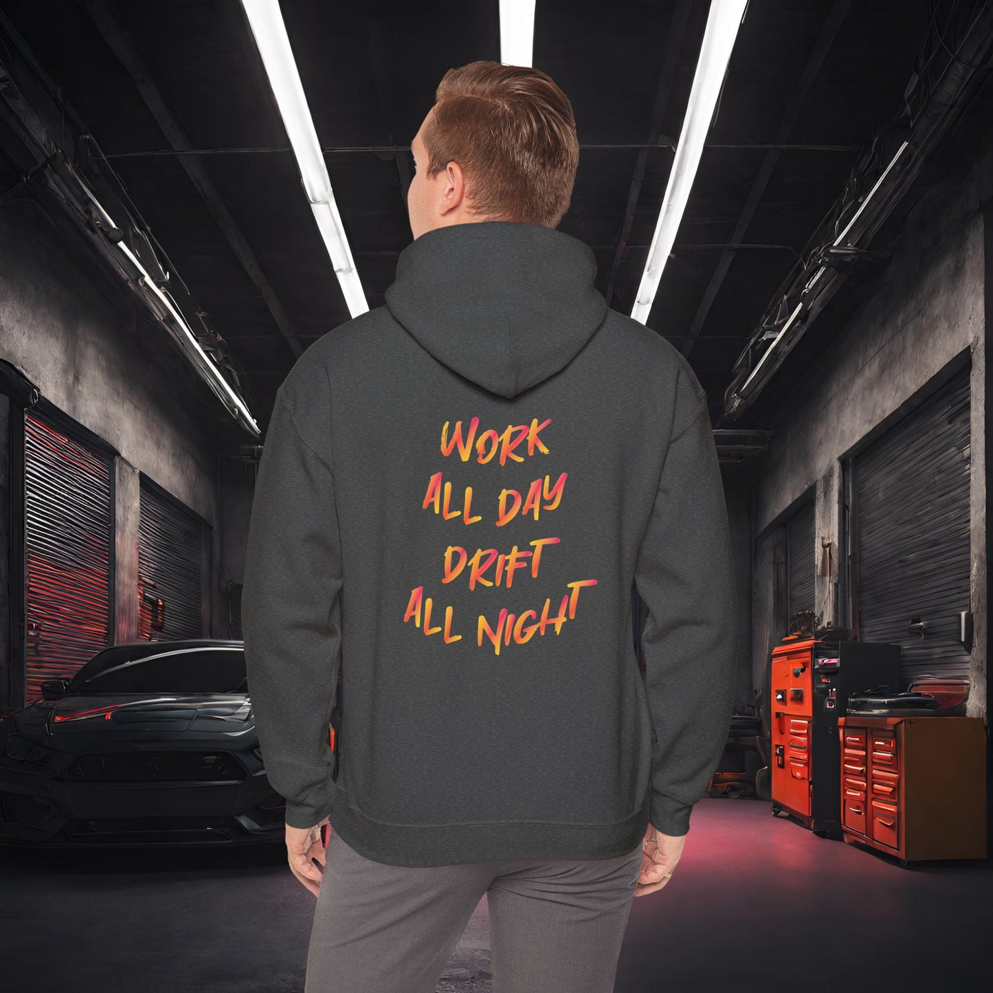 Work All Day, Drift All Night-Ultra Soft, Premium Hoodie Dark Heather Printify by The Night Shift Automotive Apparel