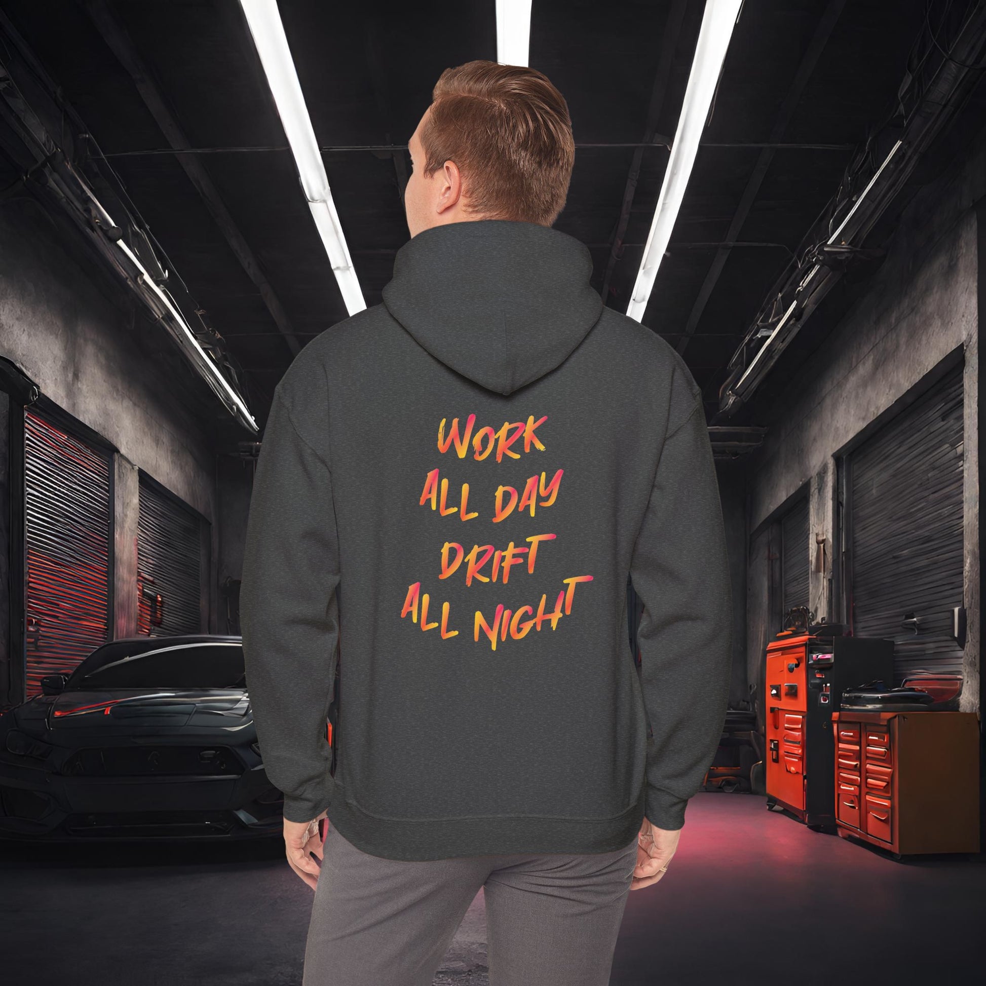 Work All Day, Drift All Night-Ultra Soft, Premium Hoodie Dark Heather Printify by The Night Shift Automotive Apparel