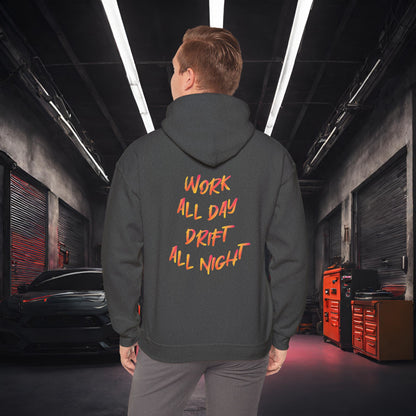 Work All Day, Drift All Night-Ultra Soft, Premium Hoodie Dark Heather Printify by The Night Shift Automotive Apparel