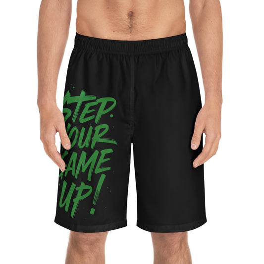 Step Your Game Up - Men's Relaxed Fit Board Shorts Seam thread color automatically matched to design Printify by The Night Shift Automotive Apparel