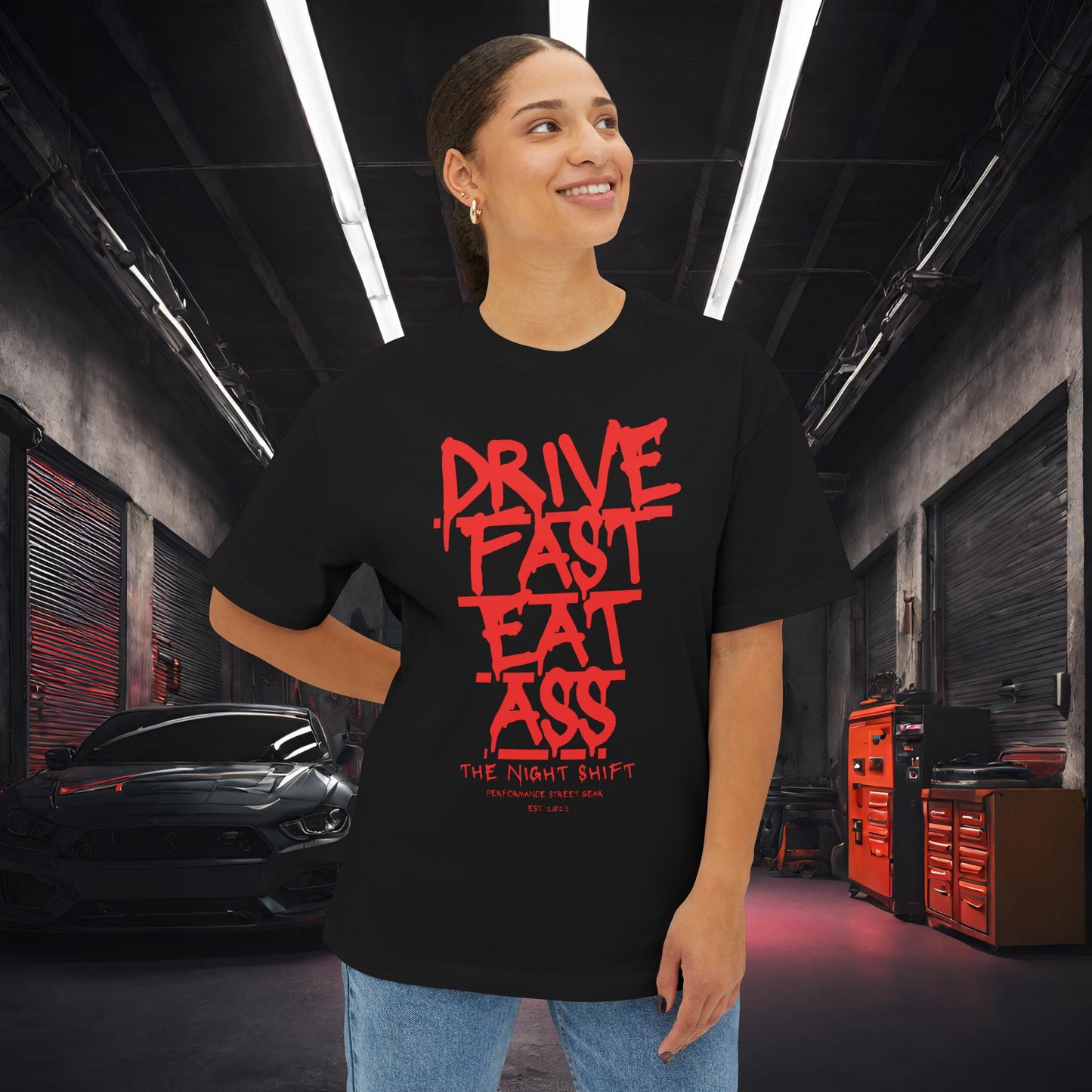 Drive Fast, Eat Ass-Premium, Ultra Soft Unisex Oversized Boxy Tee Printify by The Night Shift Automotive Apparel