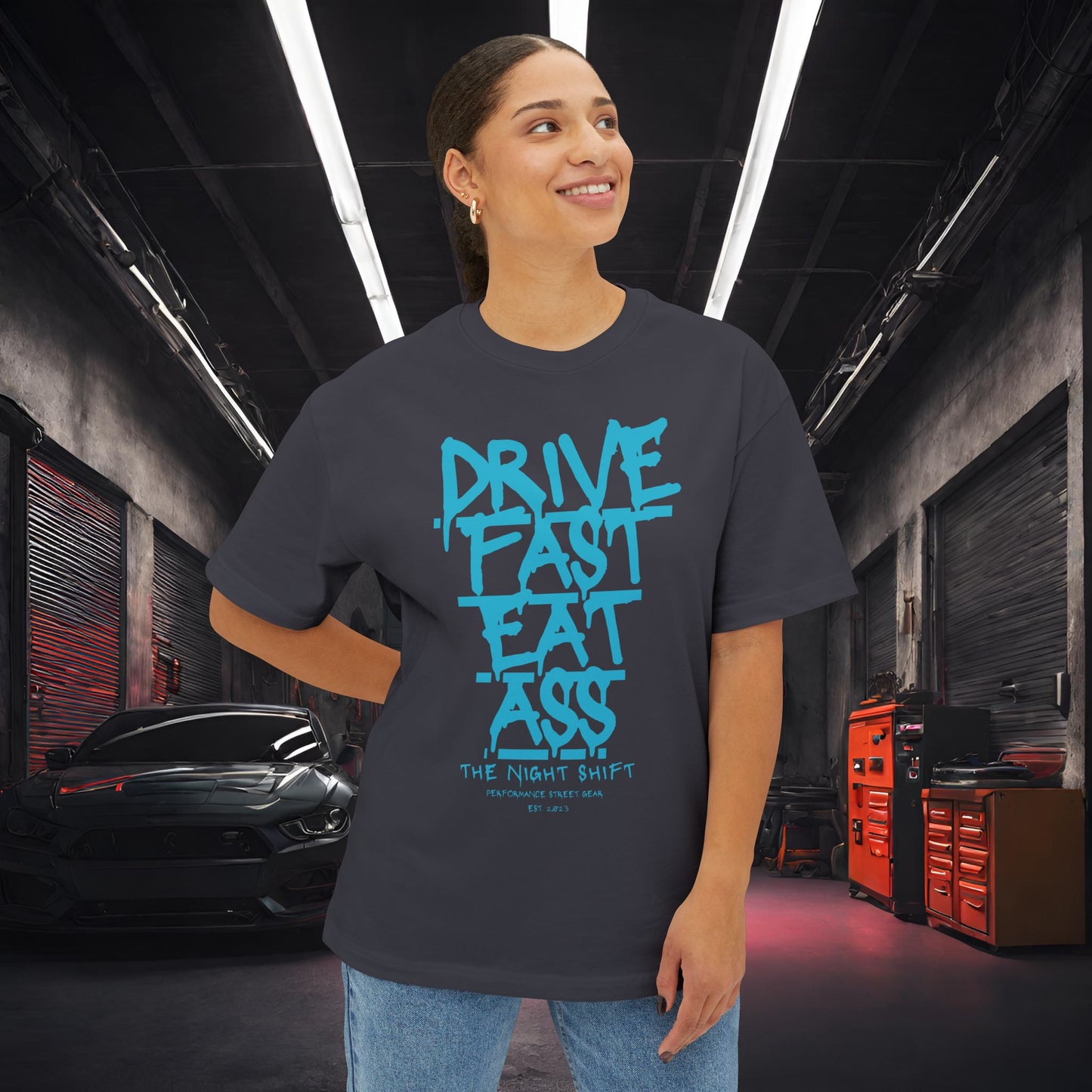 Drive Fast, Eat Ass-Premium, Ultra Soft Unisex Oversized Boxy Tee Printify by The Night Shift Automotive Apparel