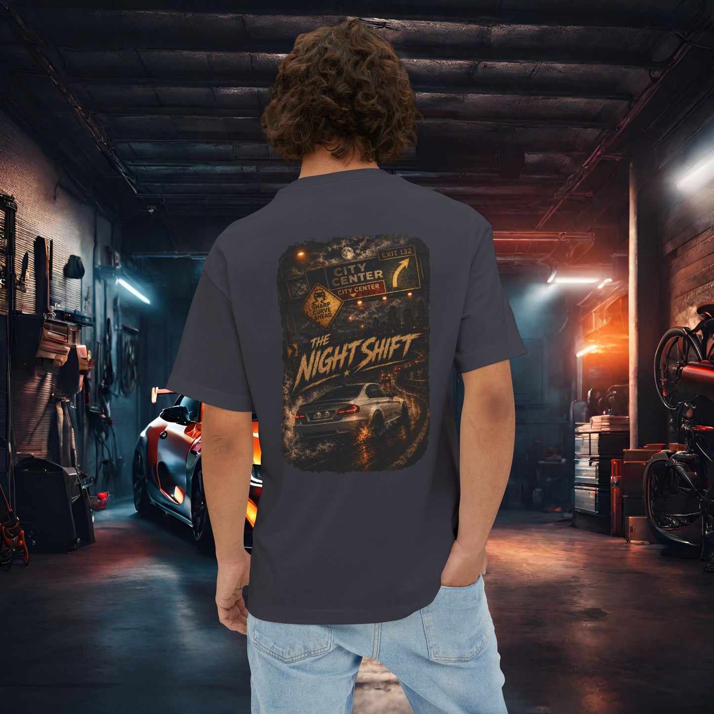 BMW M3 E90 Street Drift-Premium, Ultra Soft Unisex Oversized Boxy Tee Dark Grey Printify by The Night Shift Automotive Apparel
