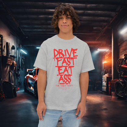 Drive Fast, Eat Ass-Premium, Ultra Soft Unisex Oversized Boxy Tee Athletic Heather Printify by The Night Shift Automotive Apparel