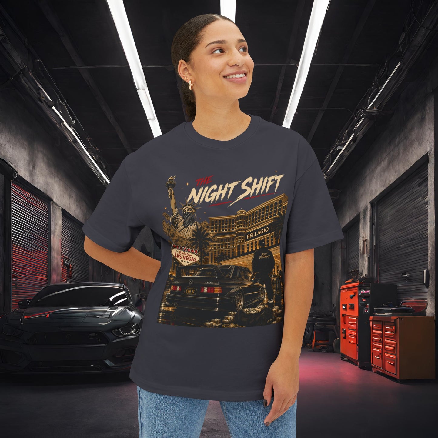 Mercedes Benz 190E Evo II-Premium, Ultra Soft Unisex Oversized Boxy Tee Printify by The Night Shift Automotive Apparel