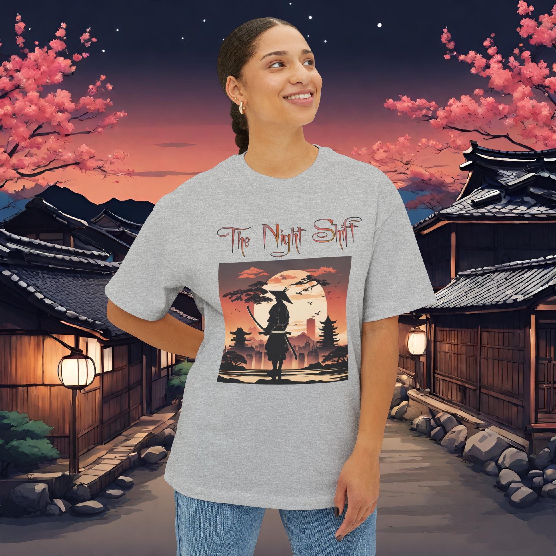 Samurai Full Moon Silhouette-Premium, Ultra Soft Unisex Oversized Boxy Tee Printify by The Night Shift Automotive Apparel