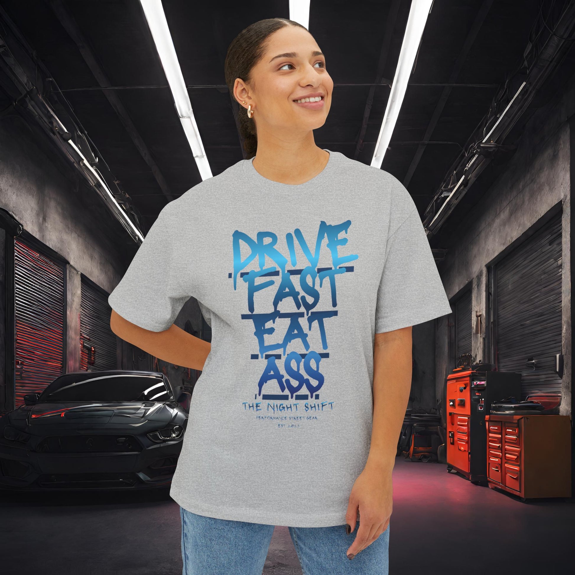 Drive Fast, Eat Ass-Premium, Ultra Soft Unisex Oversized Boxy Tee Printify by The Night Shift Automotive Apparel