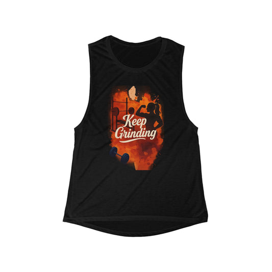 Keep Grinding - Women's Flowy Scoop Muscle Tank Top Black Printify by The Night Shift Automotive Apparel