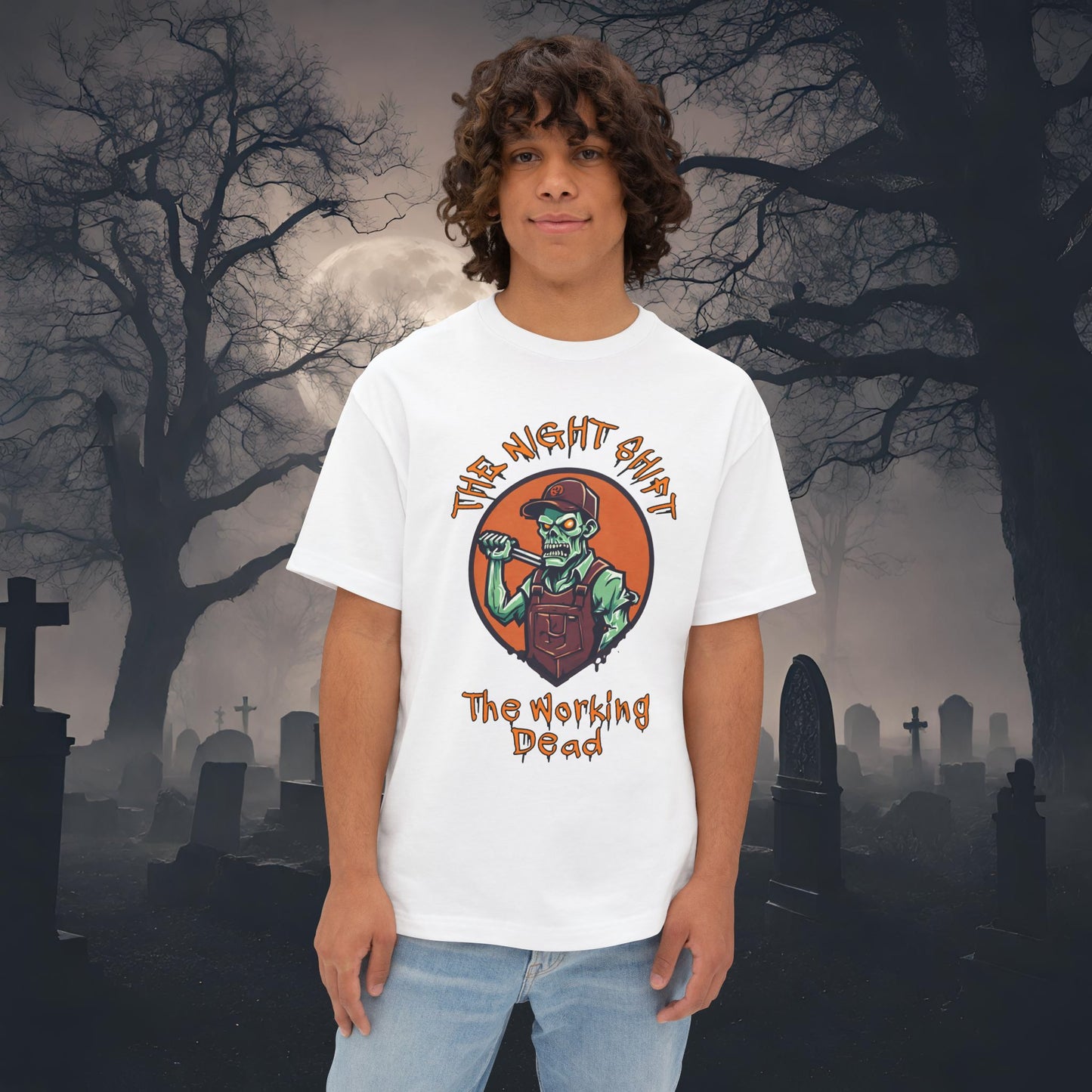 The Night Shift Zombie Mechanic-Premium, Ultra Soft Unisex Oversized Boxy Tee White Printify by The Night Shift Automotive Apparel