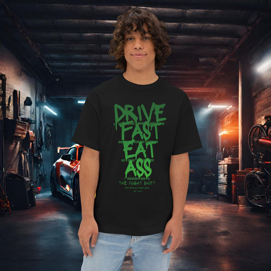 Drive Fast, Eat Ass-Premium, Ultra Soft Unisex Oversized Boxy Tee Black Printify by The Night Shift Automotive Apparel