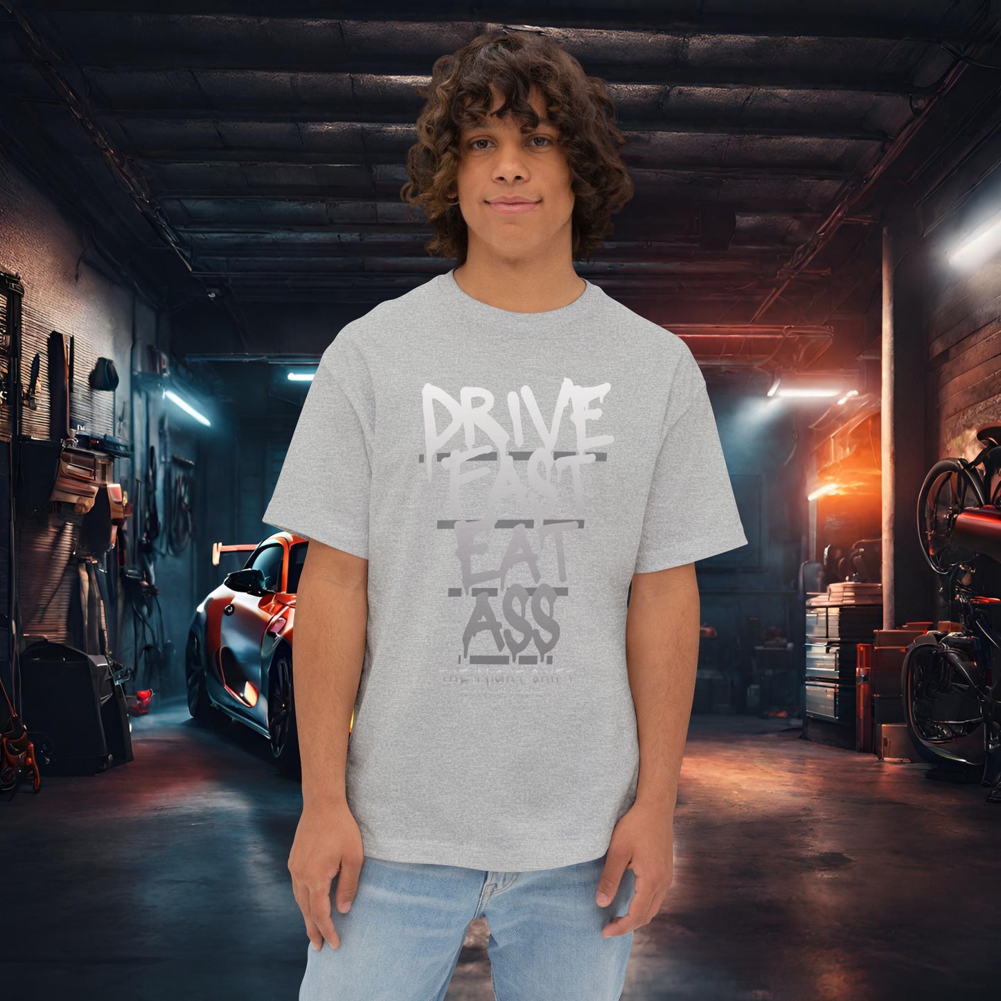 Drive Fast, Eat Ass-Premium, Ultra Soft Unisex Oversized Boxy Tee Athletic Heather Printify by The Night Shift Automotive Apparel
