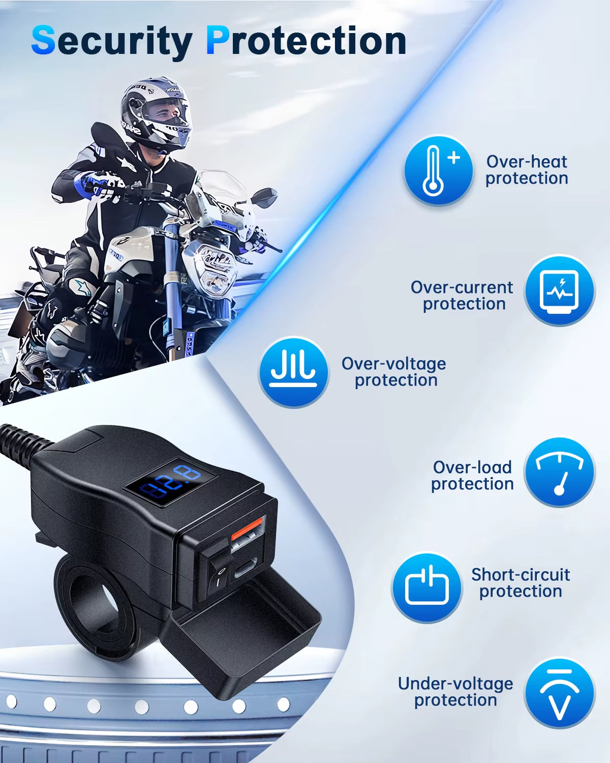 Motorcycle Phone Charger Dual USB Type C With Voltmeter & On/Off Switch