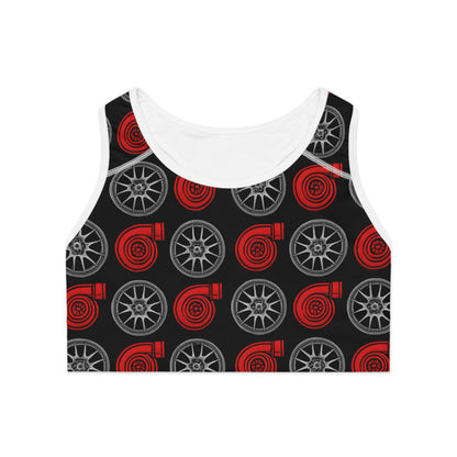 Women's Sports Bra White stitching Printify by The Night Shift Automotive Apparel