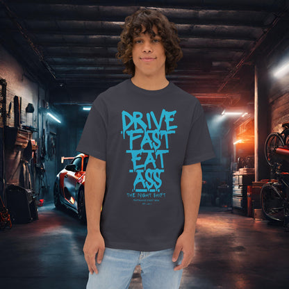 Drive Fast, Eat Ass-Premium, Ultra Soft Unisex Oversized Boxy Tee Dark Grey Printify by The Night Shift Automotive Apparel
