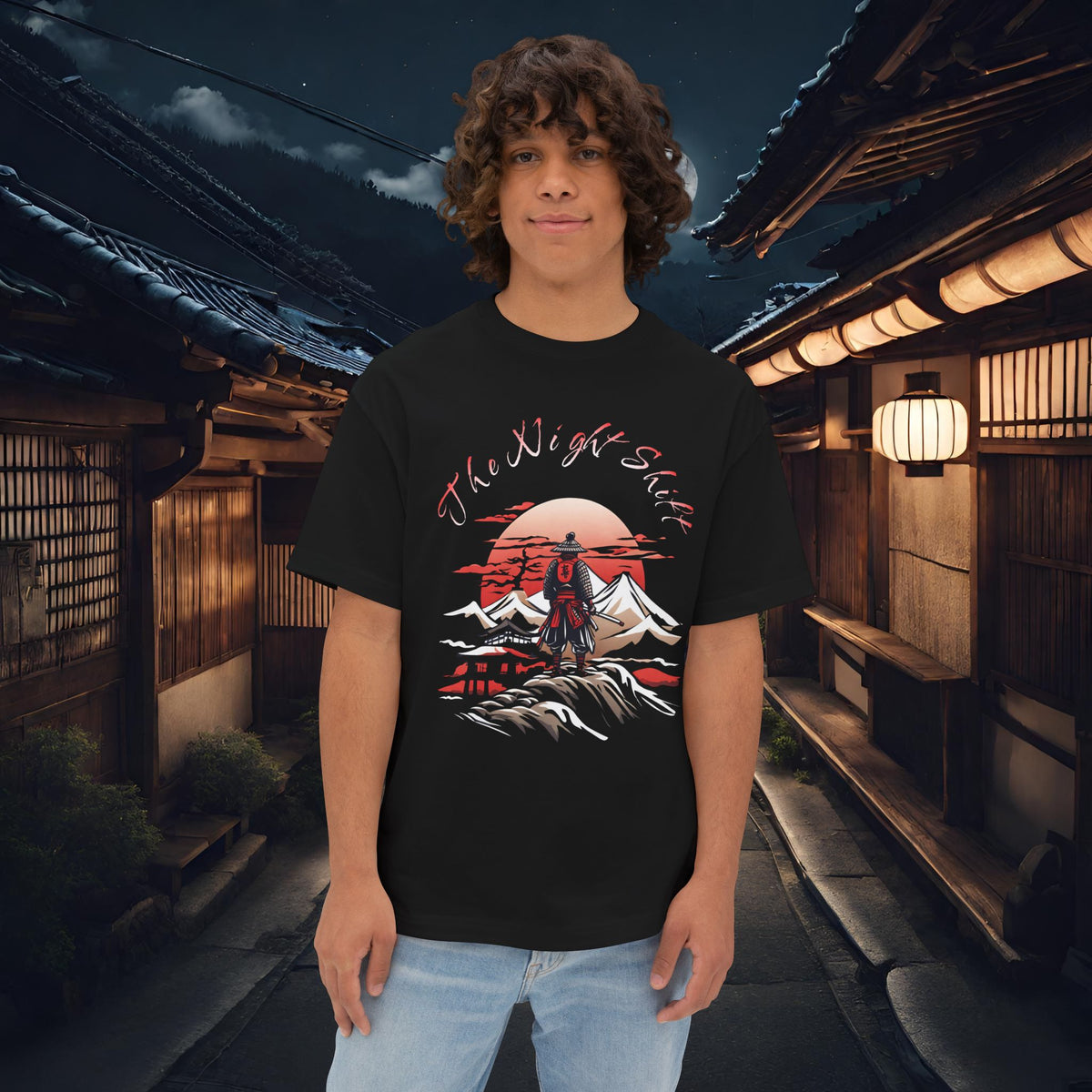 Samurai-Premium, Ultra Soft, Unisex Oversized Boxy Tee Black Printify by The Night Shift Automotive Apparel