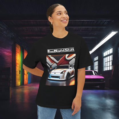 Nissan 350z Graffiti Wall-Premium, Ultra Soft, Unisex Oversized Boxy Tee Printify by The Night Shift Automotive Apparel