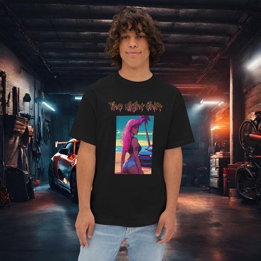 Pink Hair, Don't Care Synthwave-Premium, Ultra Soft Unisex Oversized Boxy Tee Black Printify by The Night Shift Automotive Apparel