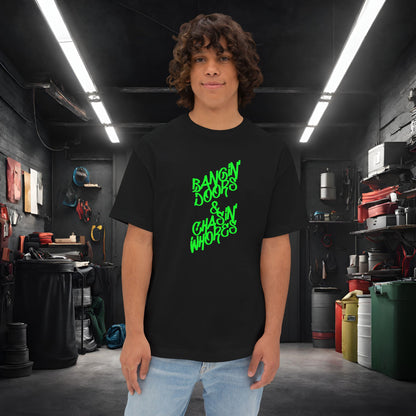 Bangin' Doors & Chasin' Whores-Premium, Ultra Soft Unisex Oversized Boxy Tee Black Printify by The Night Shift Automotive Apparel