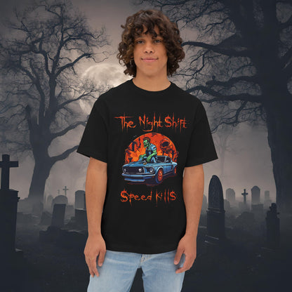 Speed Kills Zombie Mustang-Premium, Ultra Soft Unisex Oversized Boxy Tee Black Printify by The Night Shift Automotive Apparel