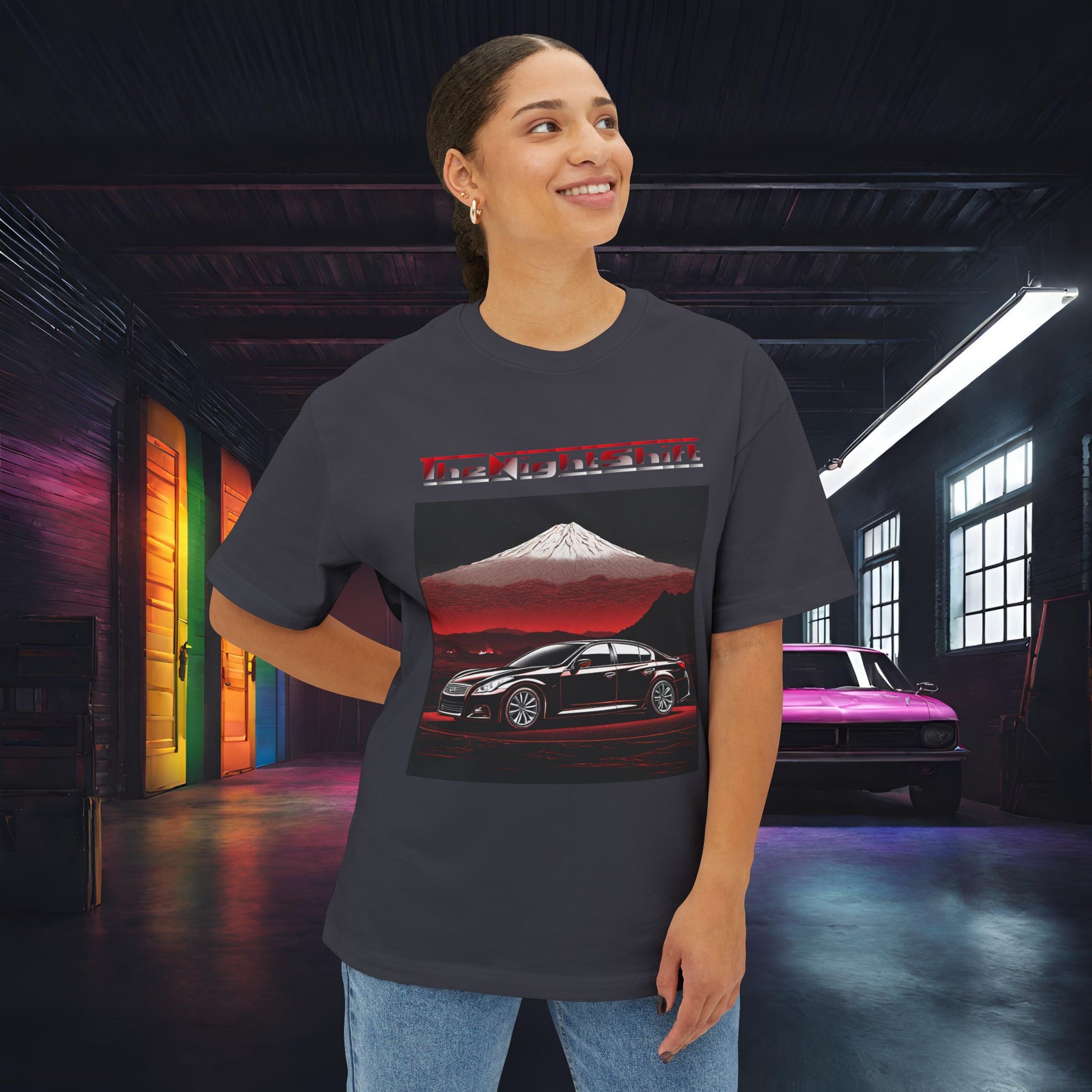 Infiniti G37 Sedan Mt Fuji-Premium, Ultra Soft, Unisex Oversized Boxy Tee Printify by The Night Shift Automotive Apparel
