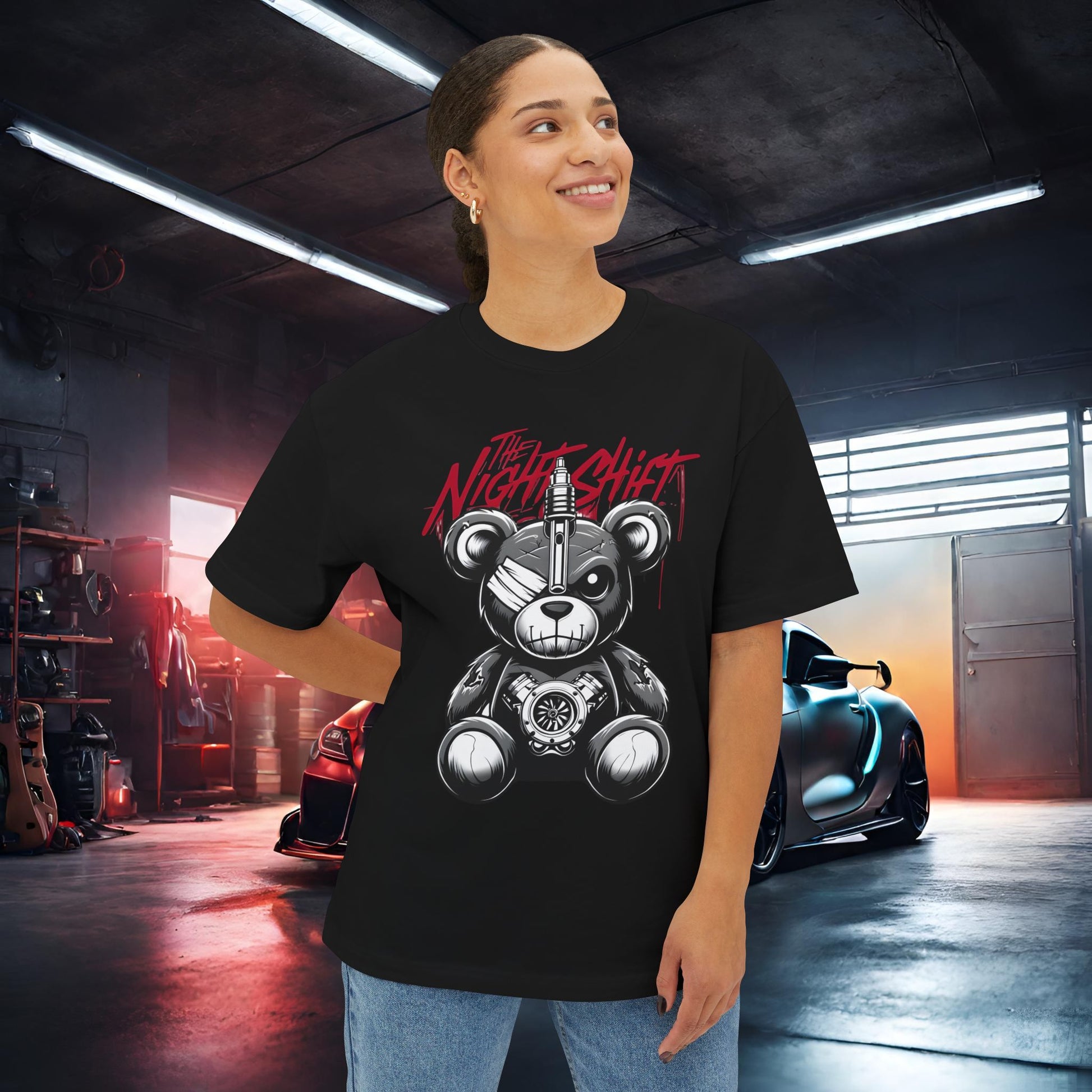The Night Shift Tattered Teddy-Premium, Ultra Soft Unisex Oversized Boxy Tee Printify by The Night Shift Automotive Apparel