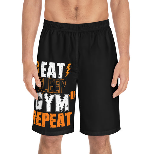 Eat, Sleep, Gym, Repeat - Men's Relaxed Fit Board Shorts Seam thread color automatically matched to design Printify by The Night Shift Automotive Apparel