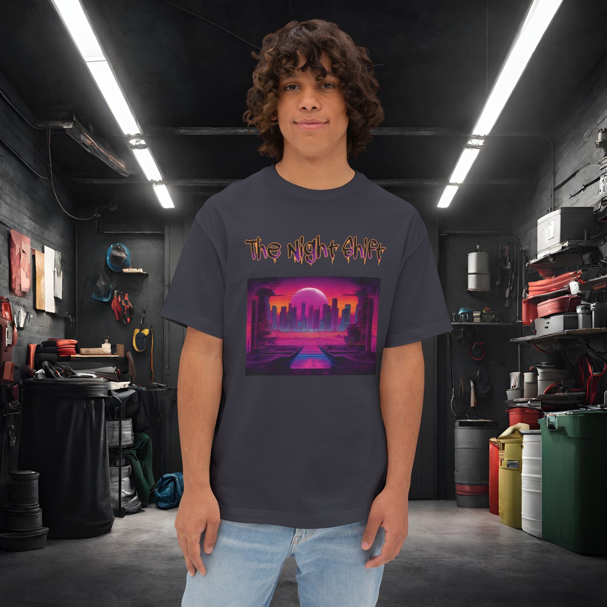 Moonlight City Synthwave-Premium, Ultra Soft Unisex Oversized Boxy Tee Dark Grey Printify by The Night Shift Automotive Apparel