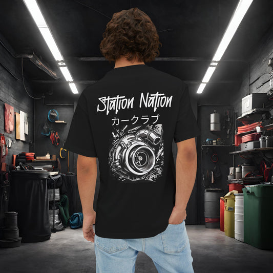Station Nation-Premium, Ultra Soft Unisex Oversized Boxy Tee Black Printify by The Night Shift Automotive Apparel