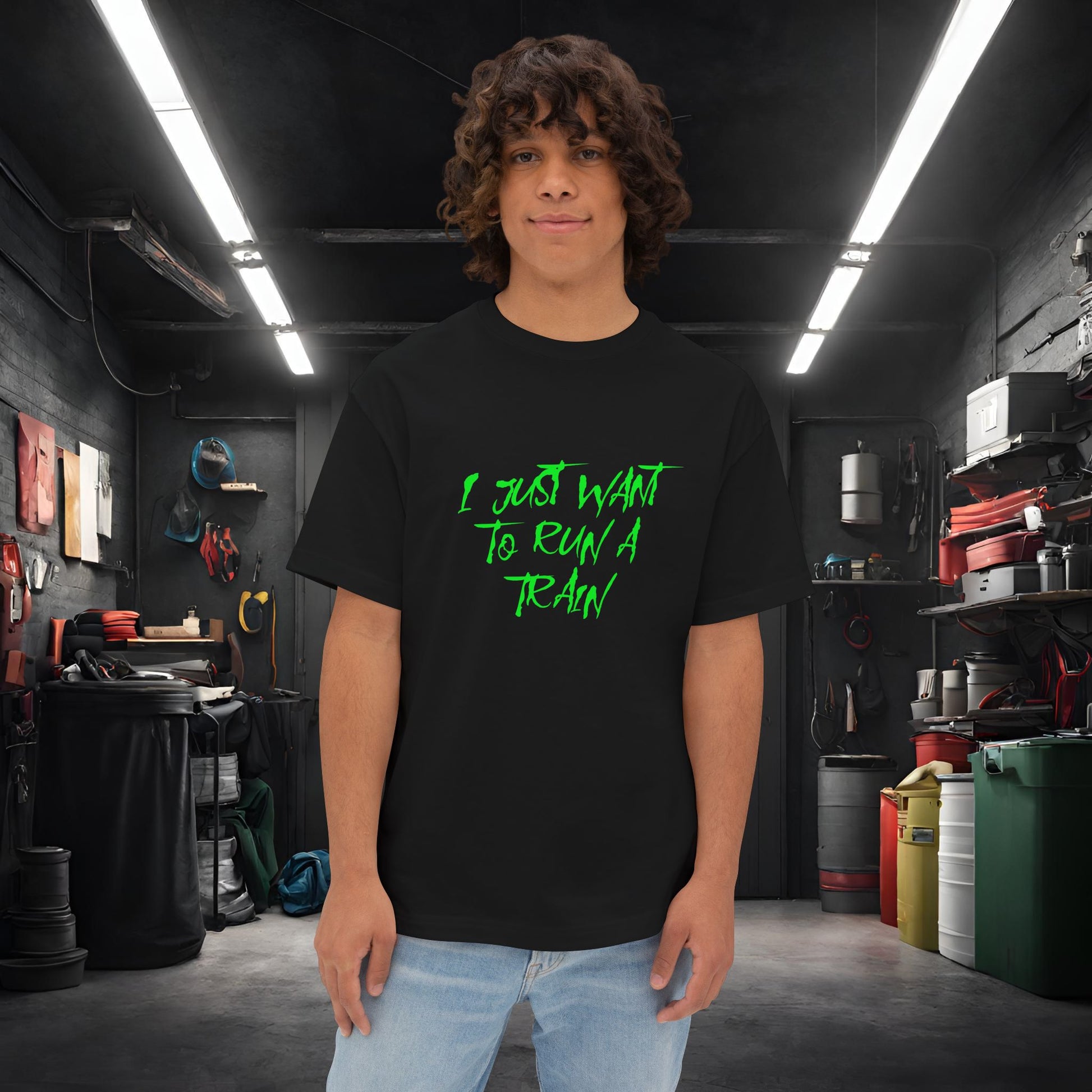 I Just Want To Run A Train-Premium, Ultra SoftUnisex Oversized Boxy Tee Black Printify by The Night Shift Automotive Apparel