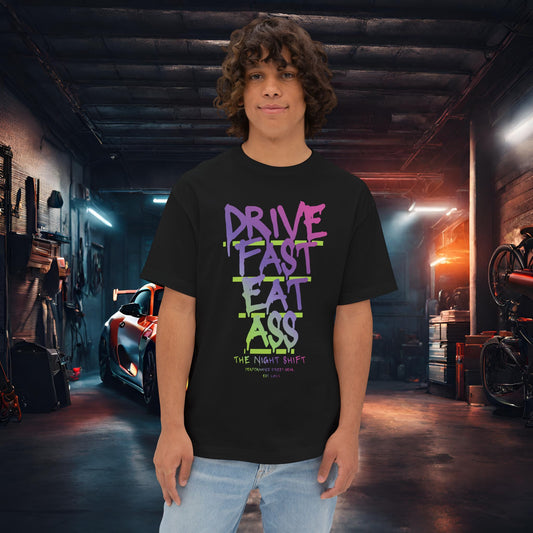 Drive Fast, Eat Ass-Premium, Ultra Soft Unisex Oversized Boxy Tee Black Printify by The Night Shift Automotive Apparel
