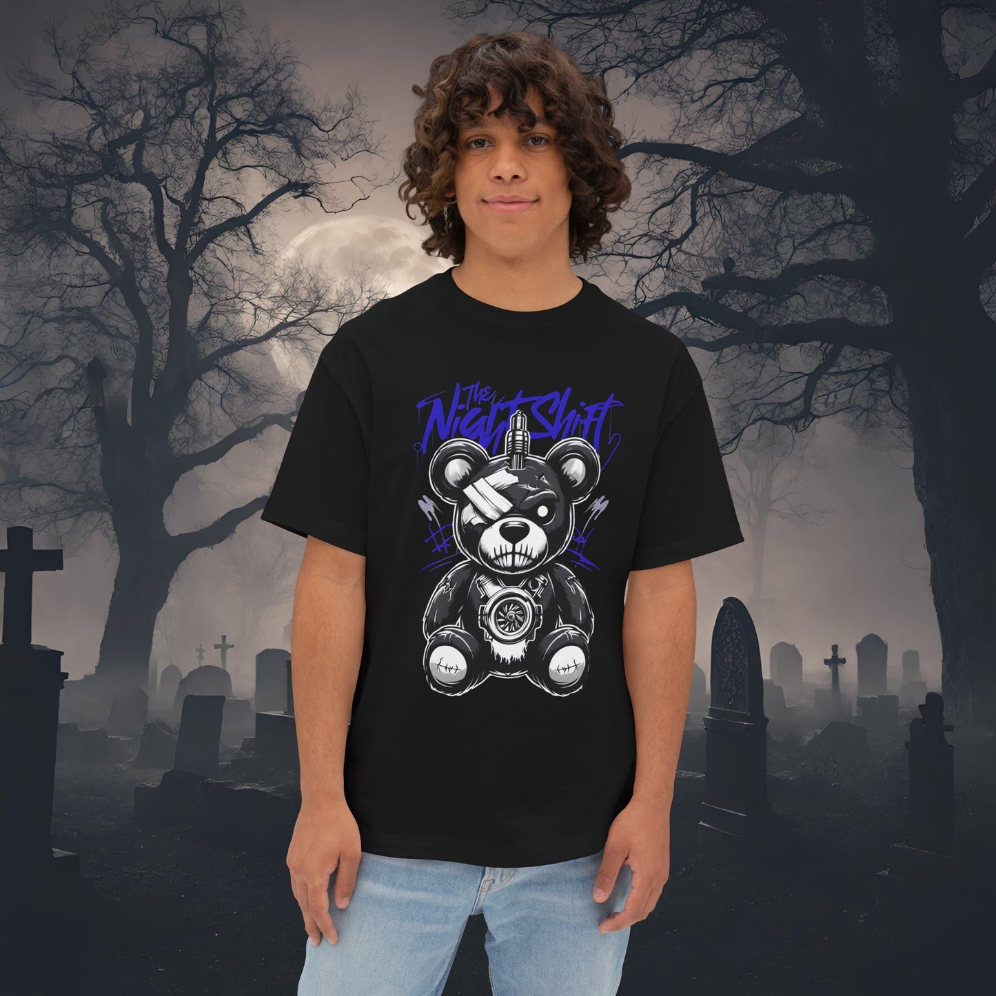 The Night Shift Tattered Teddy-Premium, Ultra Soft Unisex Oversized Boxy Tee Black Printify by The Night Shift Automotive Apparel