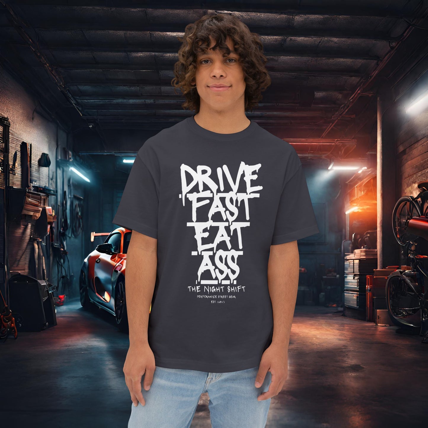 Drive Fast, Eat Ass-Premium, Ultra Soft Unisex Oversized Boxy Tee Dark Grey Printify by The Night Shift Automotive Apparel
