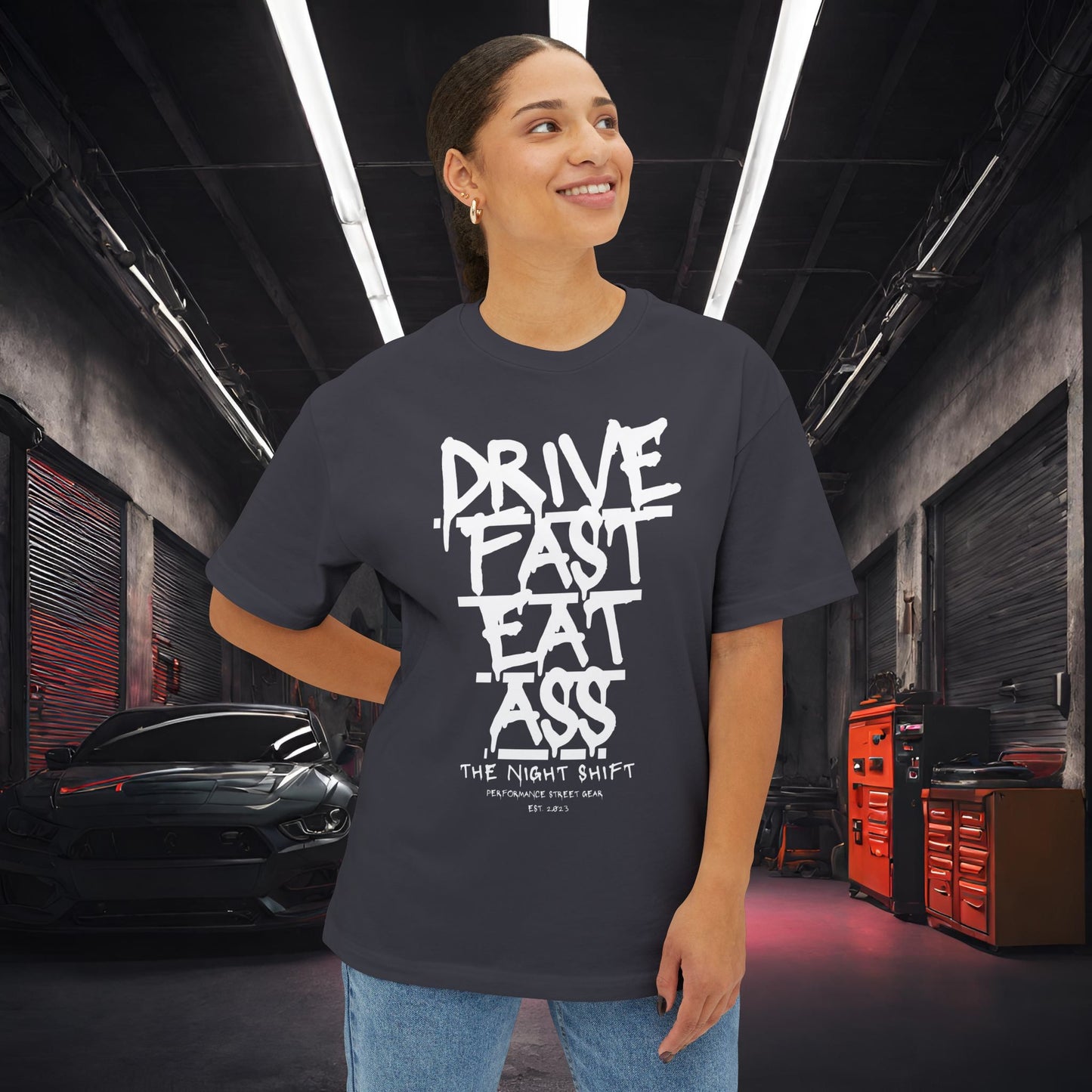Drive Fast, Eat Ass-Premium, Ultra Soft Unisex Oversized Boxy Tee Printify by The Night Shift Automotive Apparel