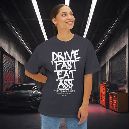Drive Fast, Eat Ass-Premium, Ultra Soft Unisex Oversized Boxy Tee Printify by The Night Shift Automotive Apparel