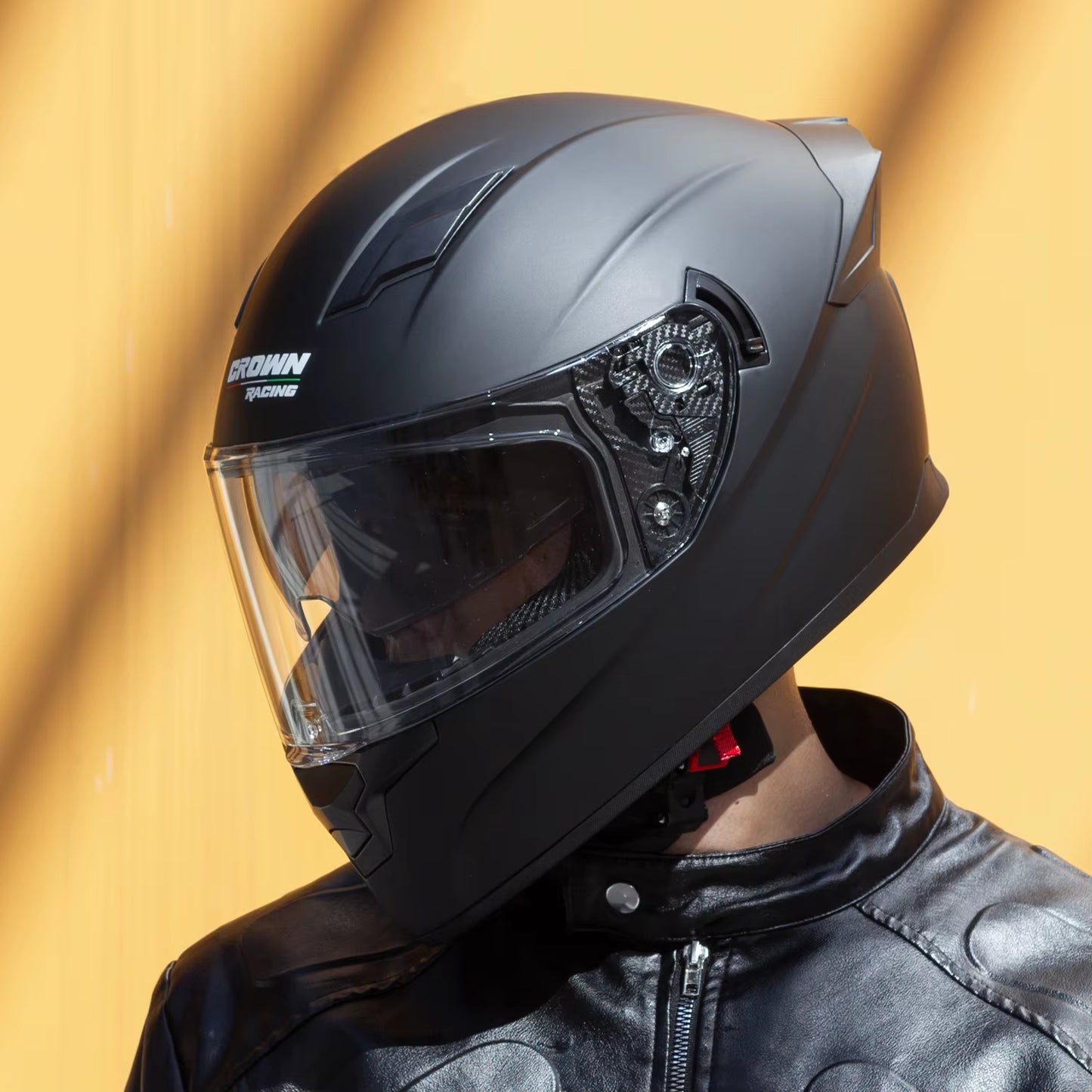 Crown Racing Full Face Motorcycle Helmet With Built in Sun Visor and Clear Outer Visor Black The Night Shift Performance Street Gear by The Night Shift Automotive Apparel