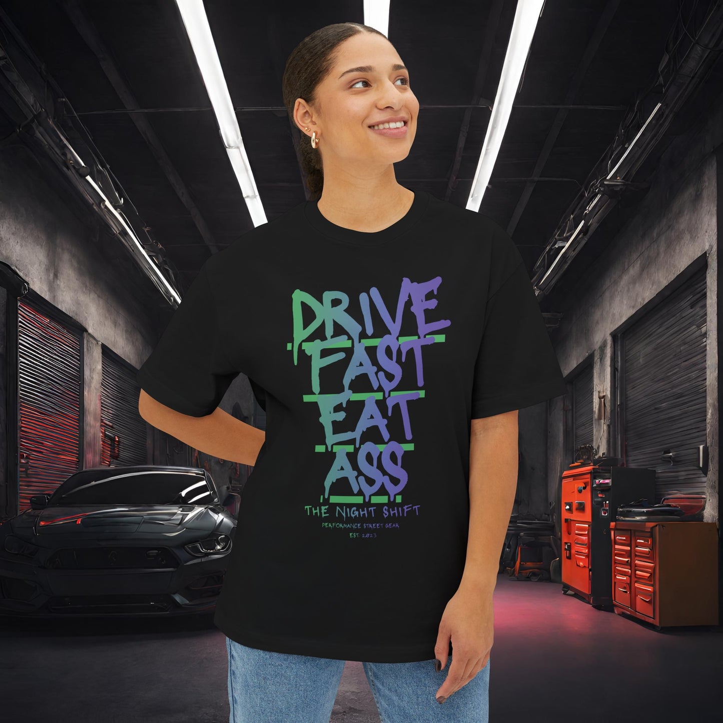 Drive Fast, Eat Ass-Premium, Ultra Soft Unisex Oversized Boxy Tee Printify by The Night Shift Automotive Apparel