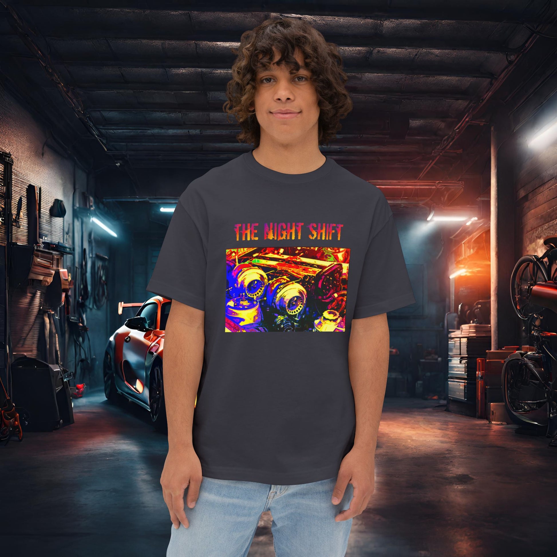 1JZ-GTE Twin Turbo Synthwave-Premium, Ultra Soft Unisex Oversized Boxy Tee Dark Grey Printify by The Night Shift Automotive Apparel