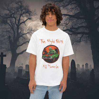All Muscle Zombie Muscle Car-Premium, Ultra Soft Unisex Oversized Boxy Tee White Printify by The Night Shift Automotive Apparel