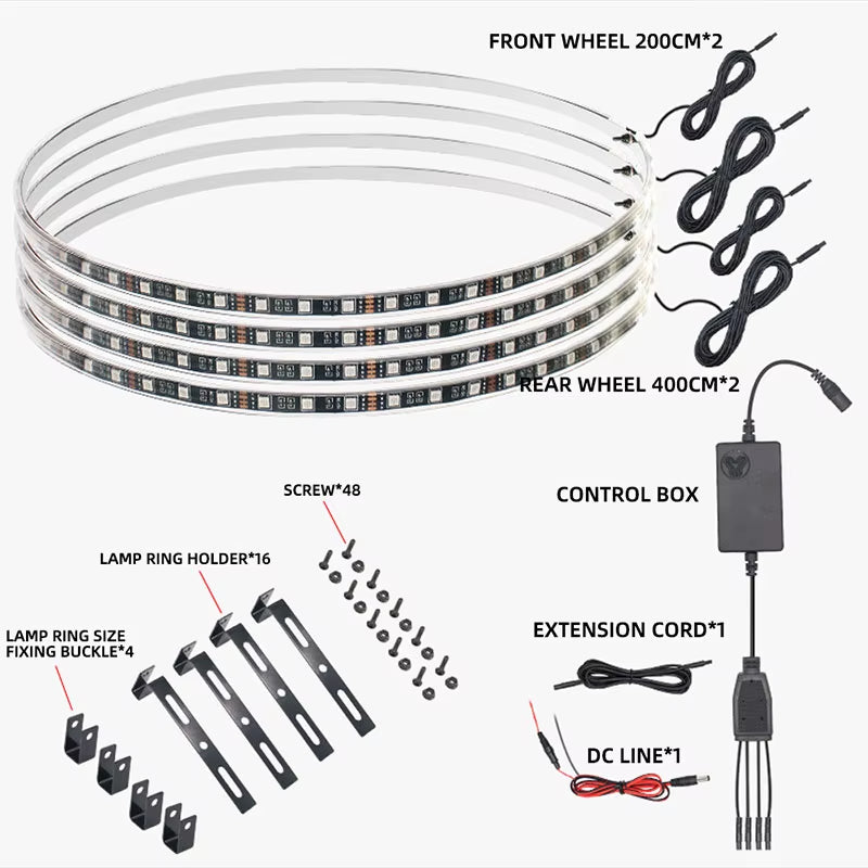 4Pcs RGB Car Wheel Hub Light Strip Kit 15" Neon Wheel Ring The Night Shift Performance Street Gear by The Night Shift Automotive Apparel