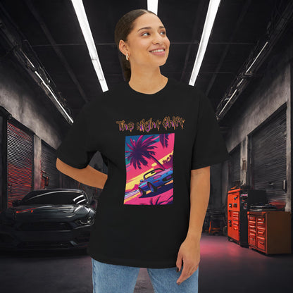 Miata Topless Beach Cruise Synthwave-Premium, Ultra Soft Unisex Oversized Boxy Tee Printify by The Night Shift Automotive Apparel