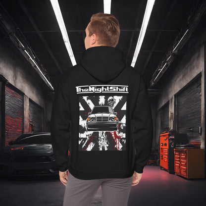 Mercedes Benz 190e Evo 2 AMG-Ultra Soft, Premium Hoodie Black Printify by The Night Shift Automotive Apparel