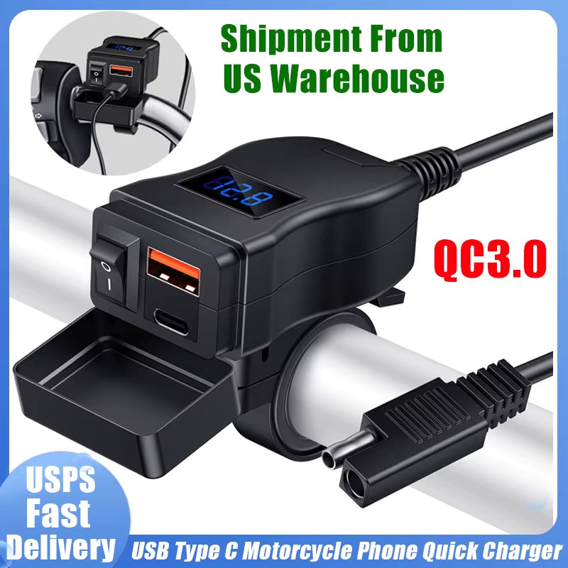 Motorcycle Phone Charger Dual USB Type C With Voltmeter & On/Off Switch