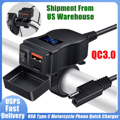 Motorcycle Phone Charger Dual USB Type C With Voltmeter & On/Off Switch